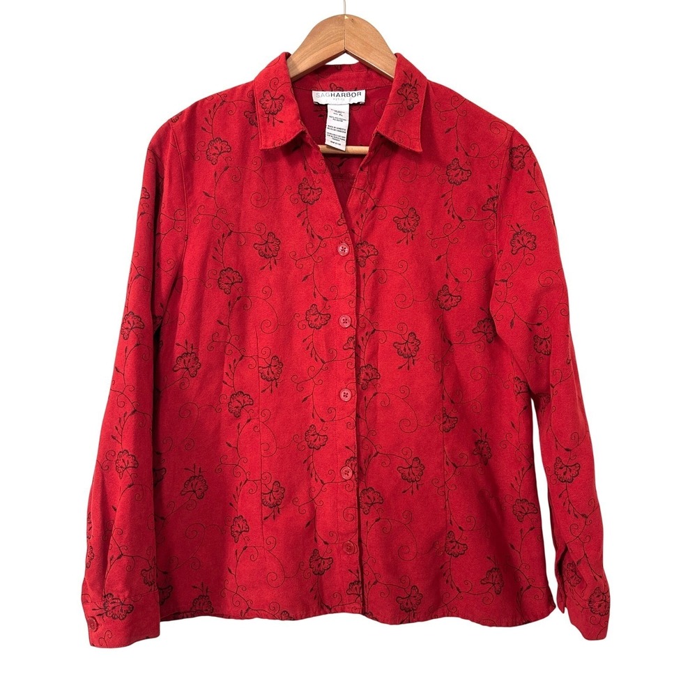 VTG 90s Red Floral Embroidered Faux Suede Blouse Whimsigoth Sag Harbor